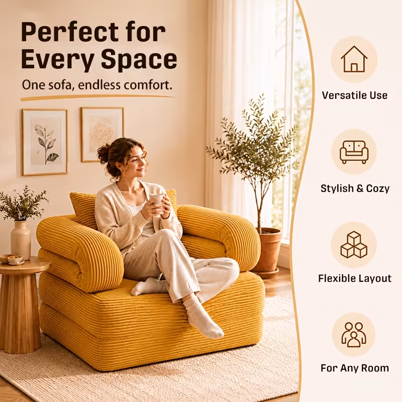 3 in 1 convertible folding sofa bed boneless floor futon couch with pillow   shaped corduroy upholstered deep seat sleeper high density memory foam ultra soft comfy lounge bean   chair Product details 6