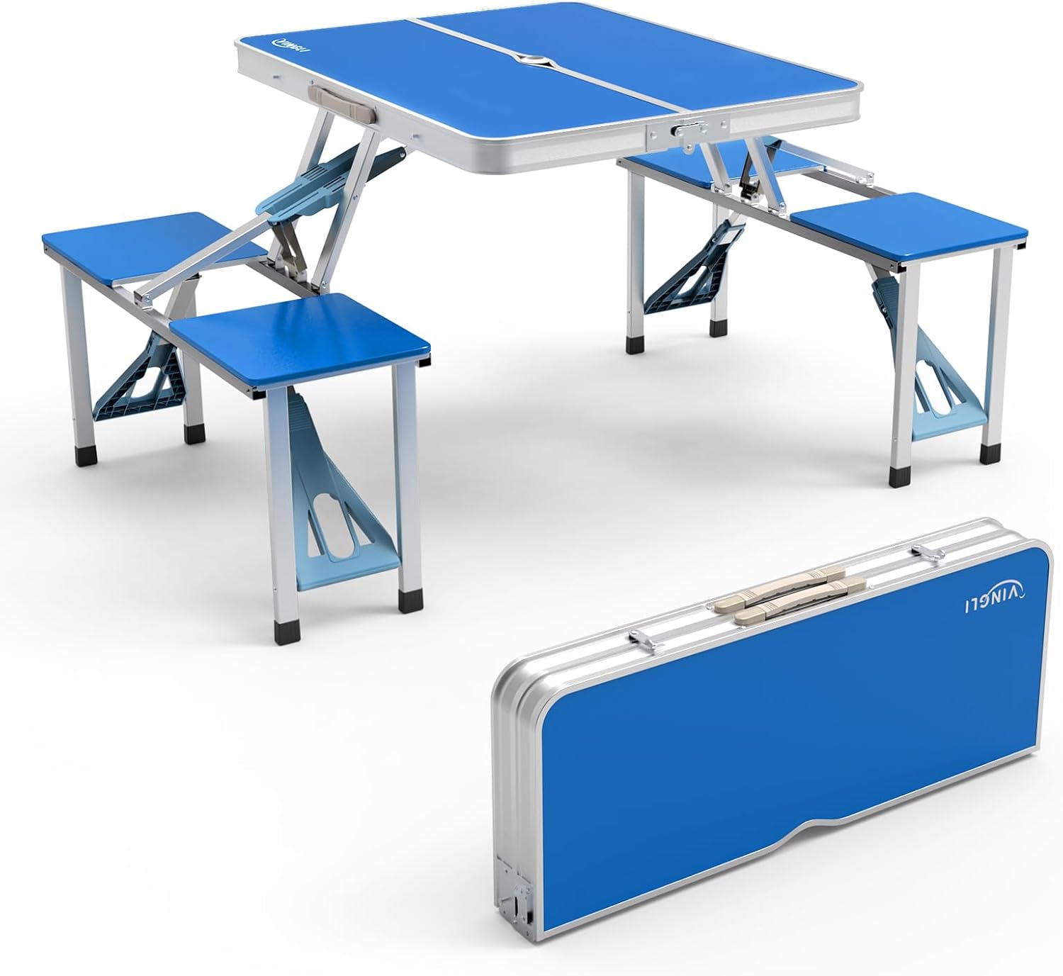 4 Ft Camping Picnic Table Set with 4 Seats with Umbrella Hole Folding Lightweight Suitcase Card Table-220 Lbs Support Aluminum Frame, Plastic RV Tabletop for Barbecue,Travel,Outing,Gathering
