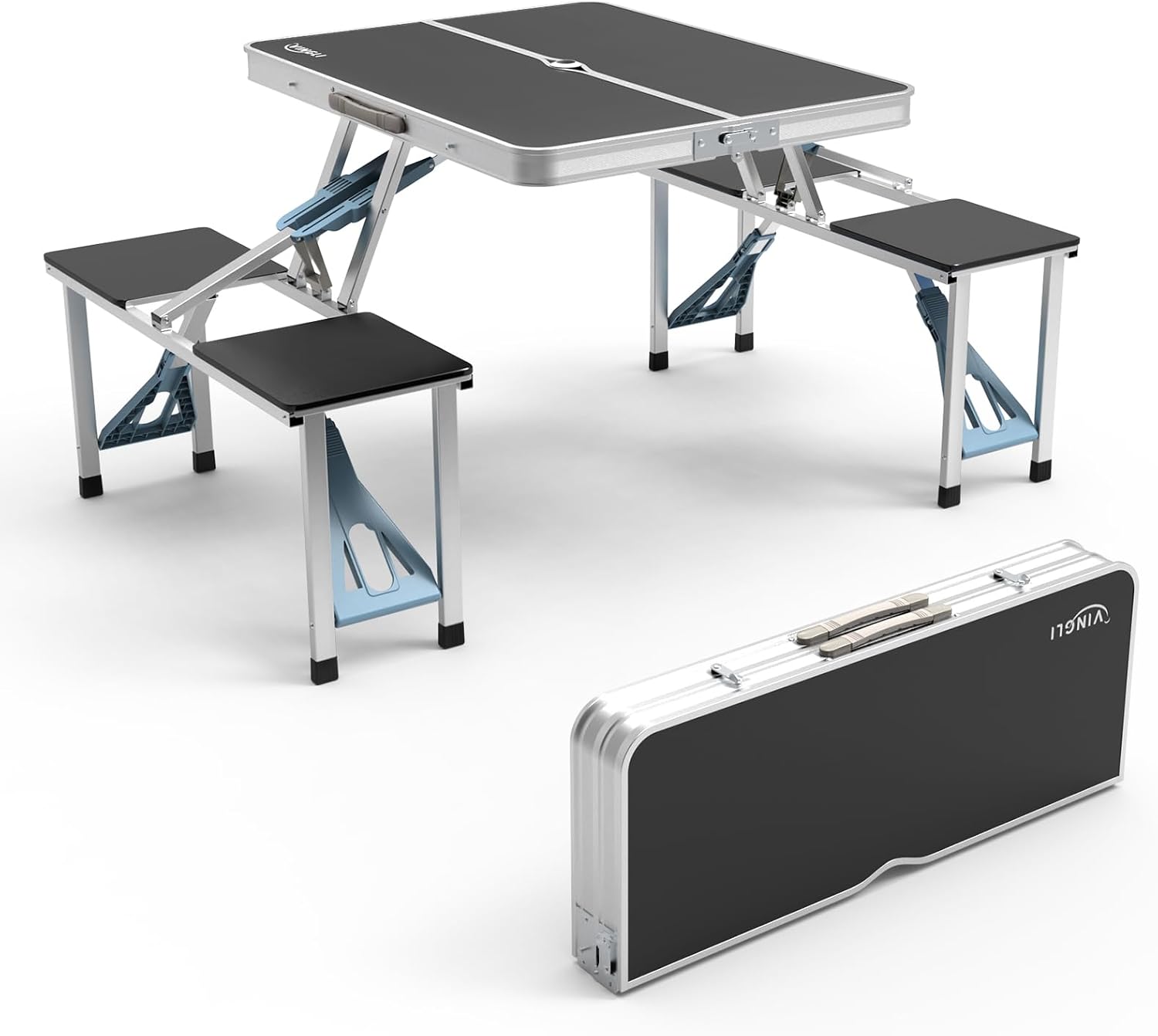4 Ft Camping Picnic Table Set with 4 Seats with Umbrella Hole Folding Lightweight Suitcase Card Table-220 Lbs Support Aluminum Frame, Plastic RV Tabletop for Barbecue,Travel,Outing,Gathering