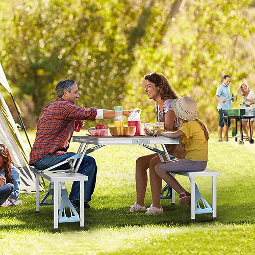 4 Ft Camping Picnic Table Set with 4 Seats with Umbrella Hole Folding Lightweight Suitcase Card Table-220 Lbs Support Aluminum Frame, Plastic RV Tabletop for Barbecue,Travel,Outing,Gathering
