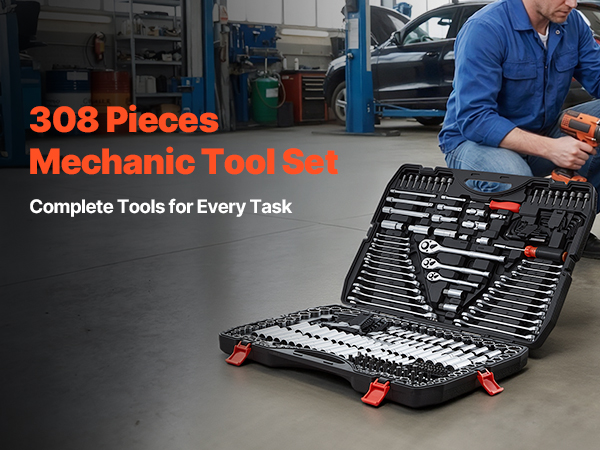 VEVOR Mechanics Tool Set, 308-Piece Mechanic Tool Kit, 1/4 in, 3/8 in, and 1/2 in Drive, SAE and Metric Socket Set, Wrenches, Screwdriver Bits, ...