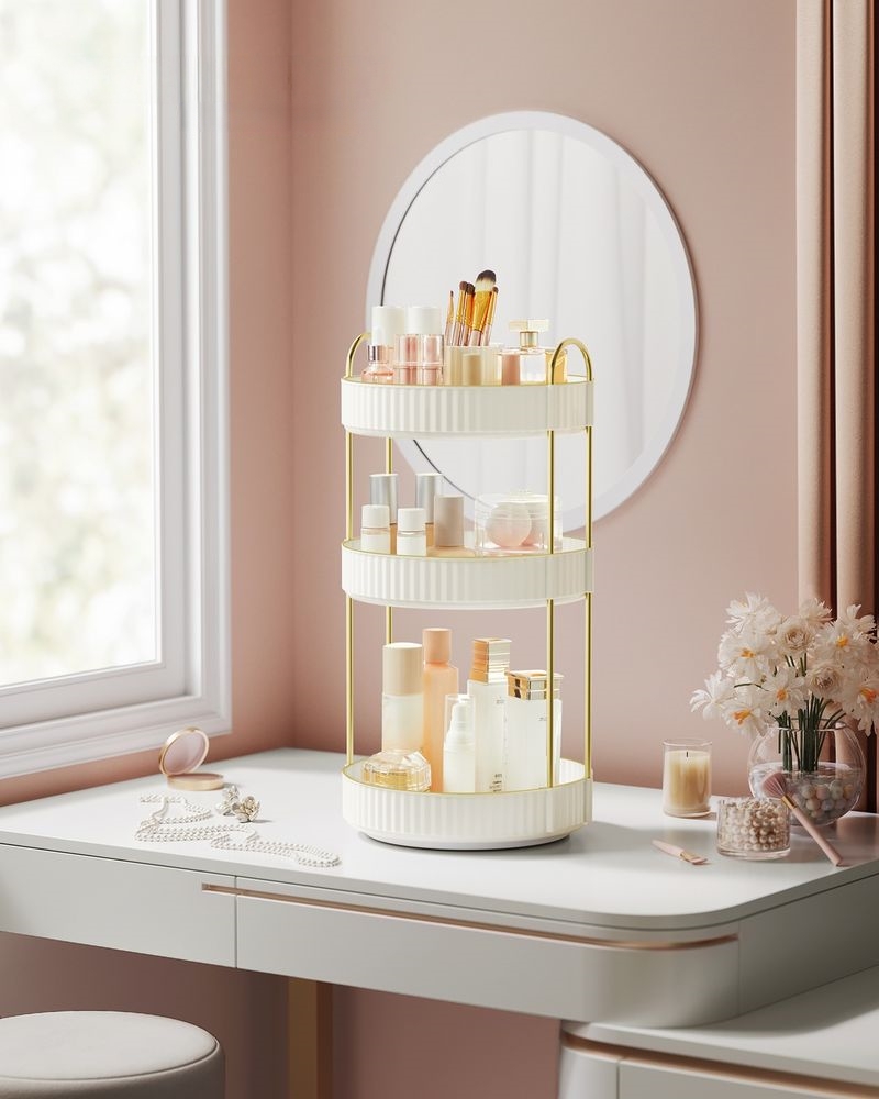 3-Tier Round Rotating Skincare Organizer Countertop Cloud White
