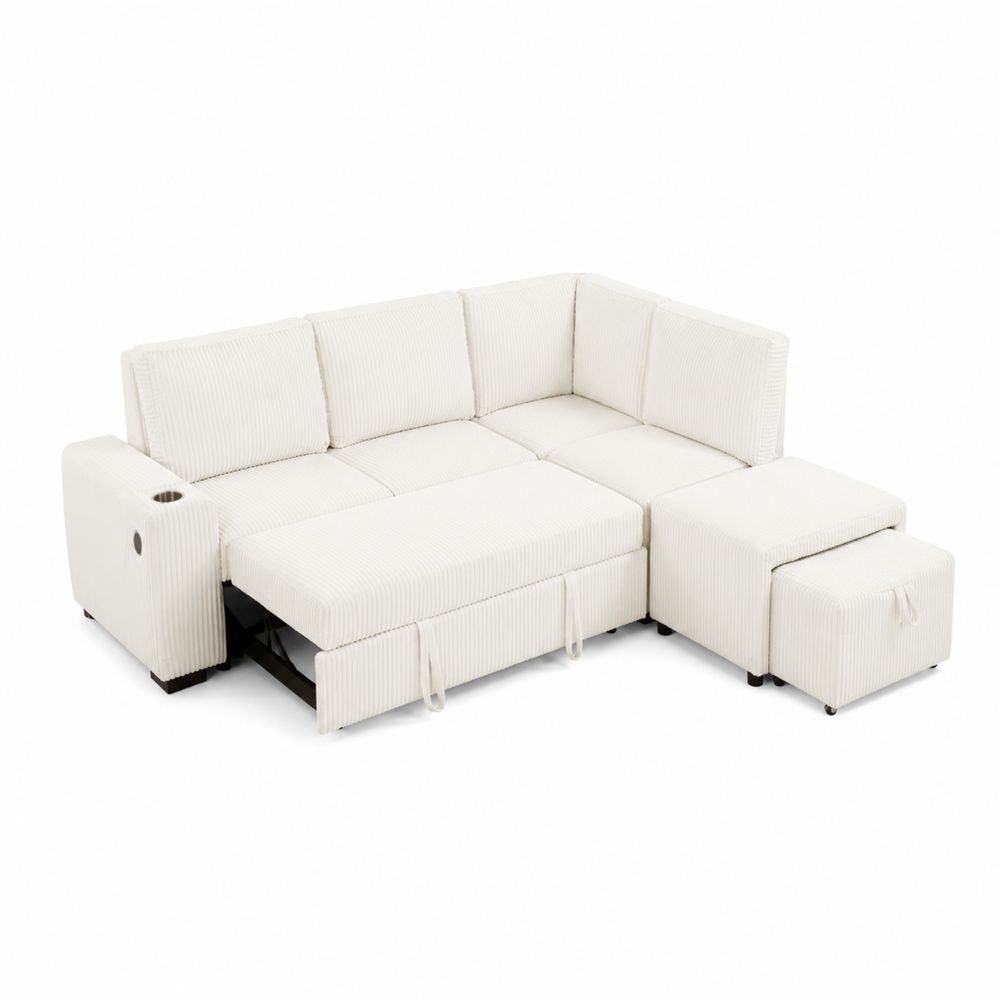 Divano Angolare Modulare in Tessuto a Coste Bianco con Chaise Longue Estraibile-Casmiron