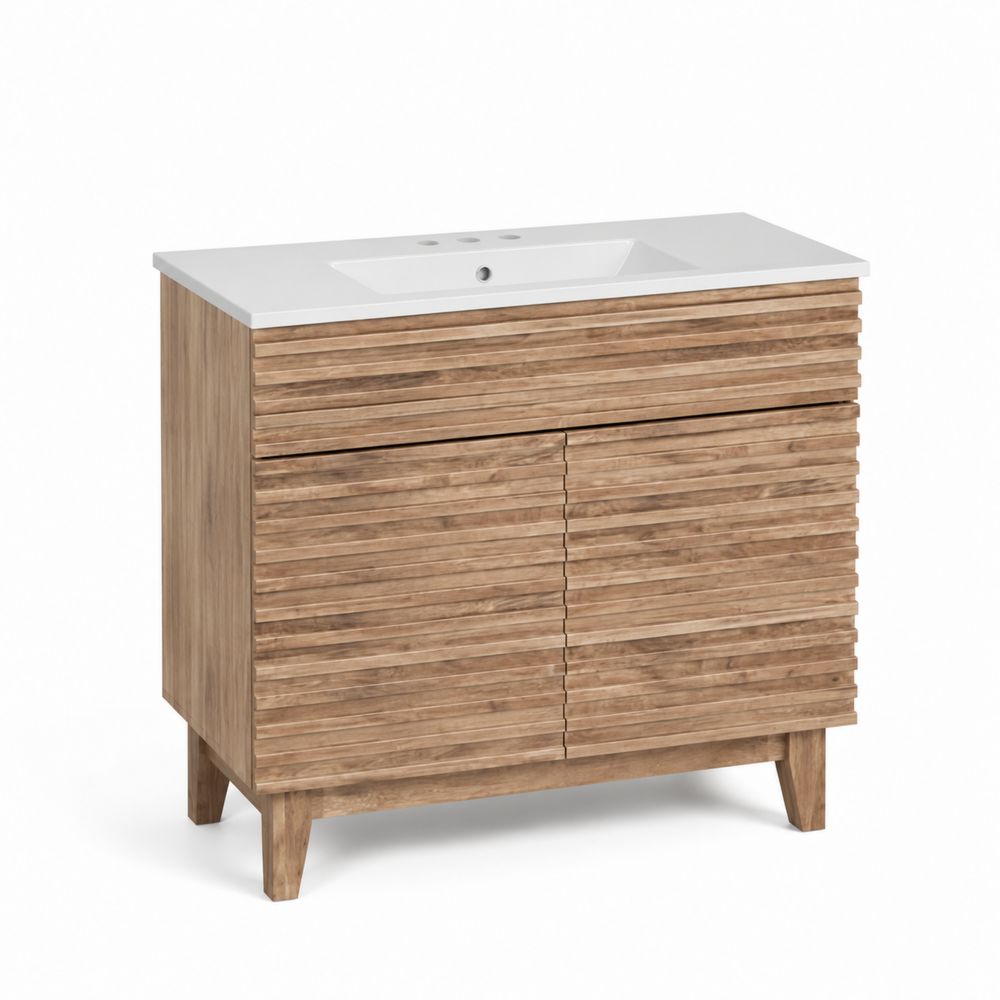 Mobile sottolavabo in legno massello di teak con lavabo in ceramica bianca-Casmiron