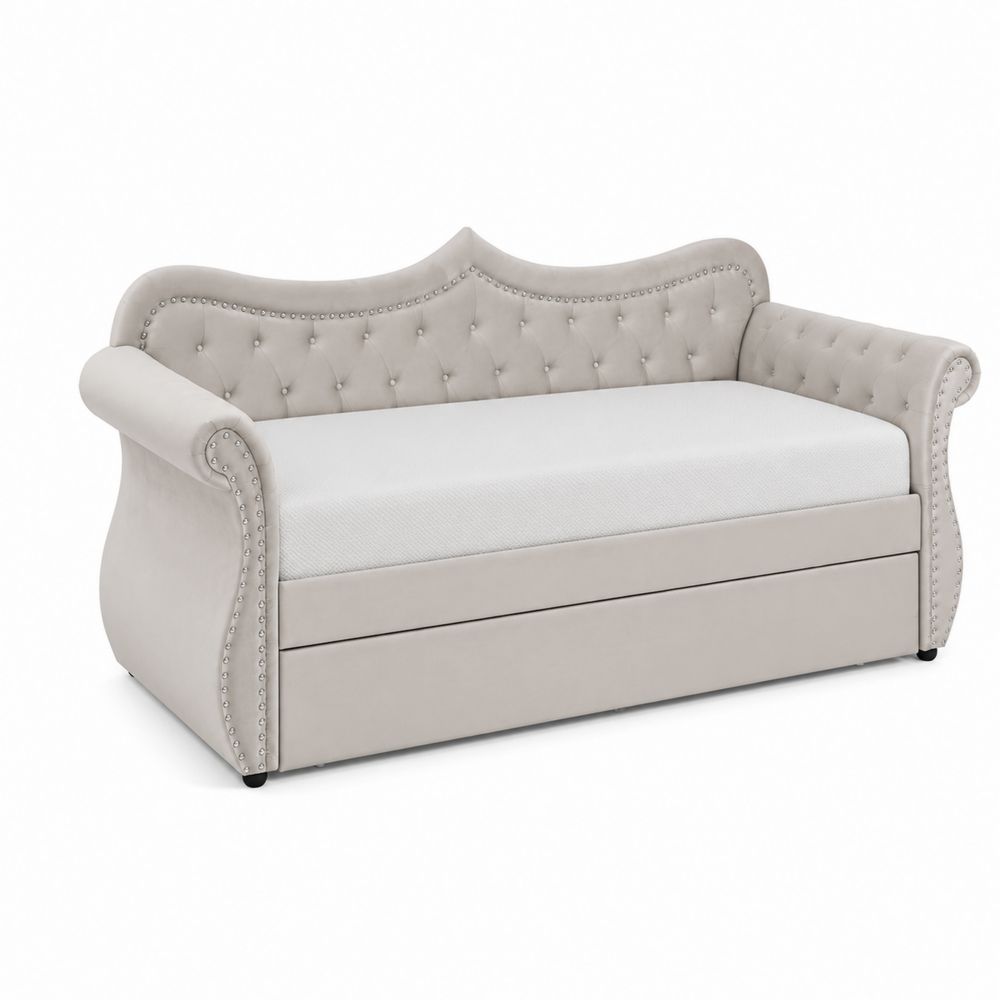 Divano letto in velluto beige con schienale trapuntato-Casmiron