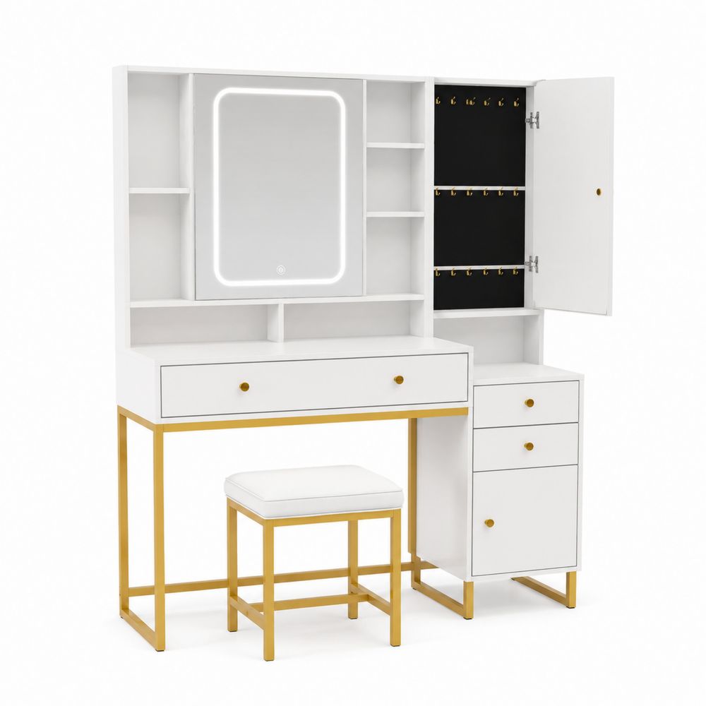 Consolle con Specchio LED, Legno MDF, Acciaio, Bianco e Oro-Casmiron