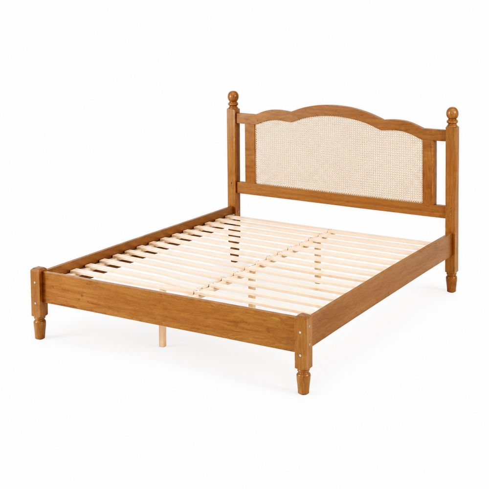 Letto in legno massello con testiera in rattan intrecciato 200x160 cm-Casmiron