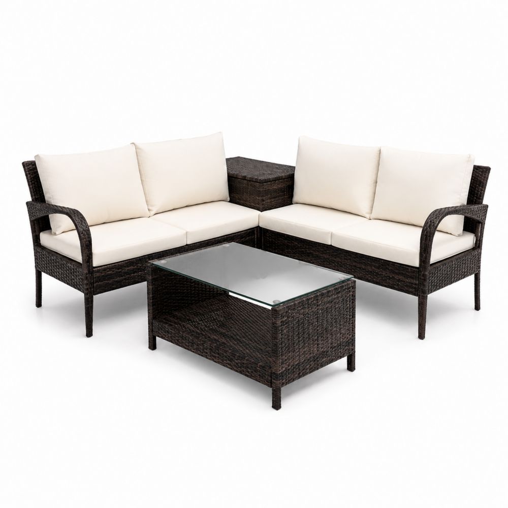 Set Divano Angolare in Rattan con Tavolino in Vetro Temperato-Casmiron