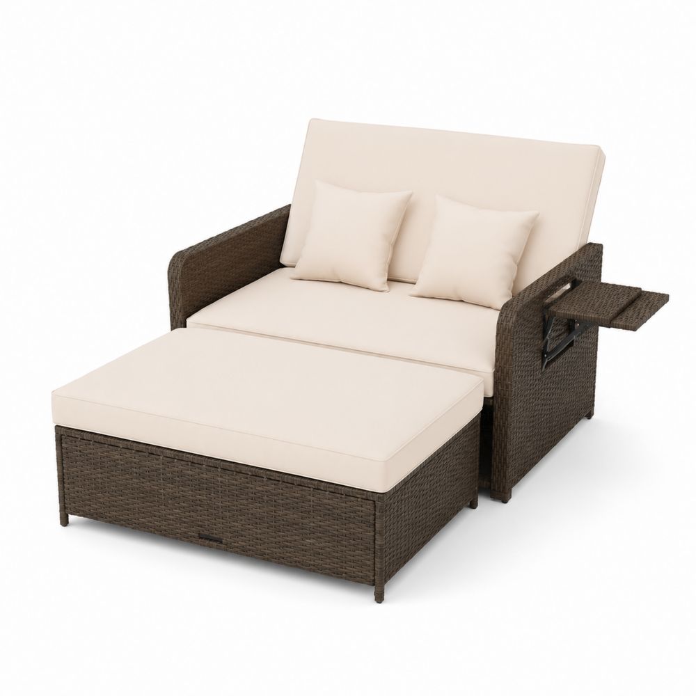 Divano modulare in rattan con cuscini crema-Casmiron