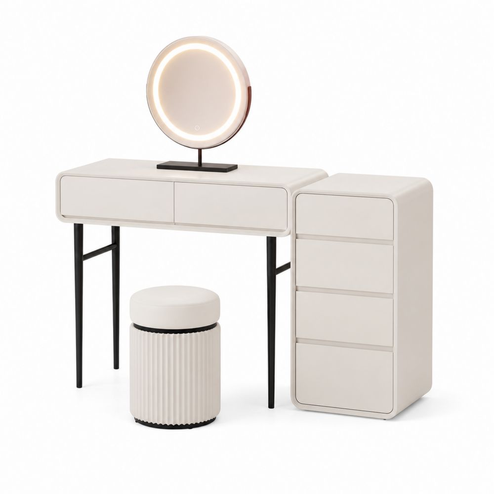 Tavolo da toeletta con specchio LED e sgabello, legno e metallo, Bianco-Casmiron