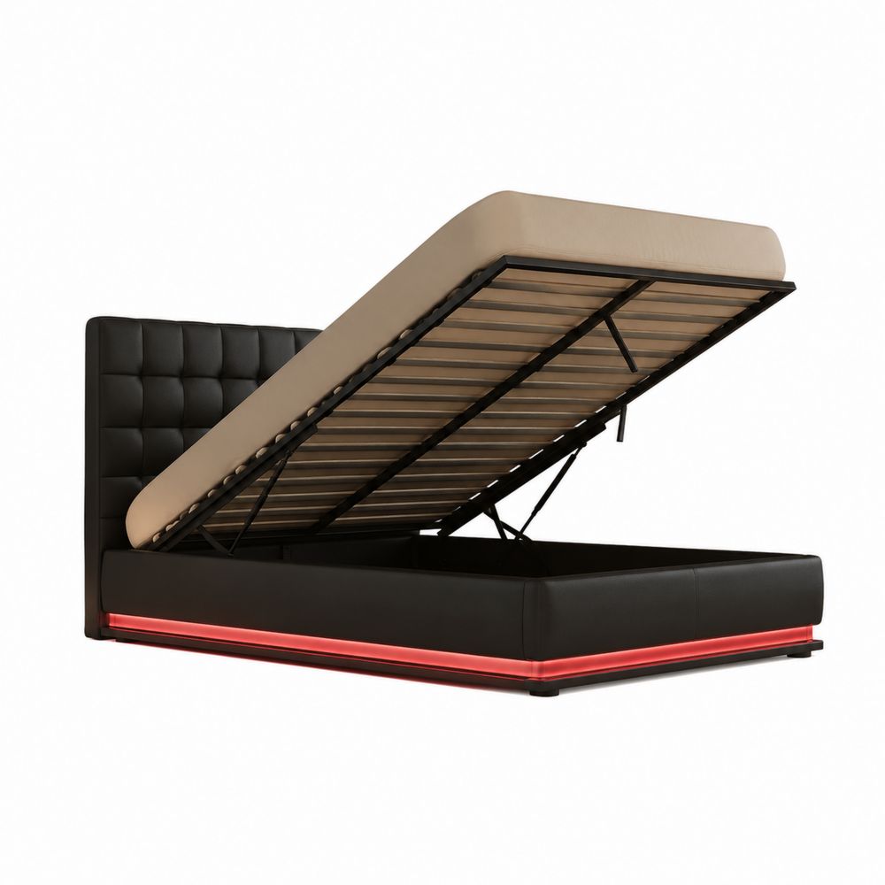 Letto contenitore in similpelle nero con testiera imbottita e LED-Casmiron