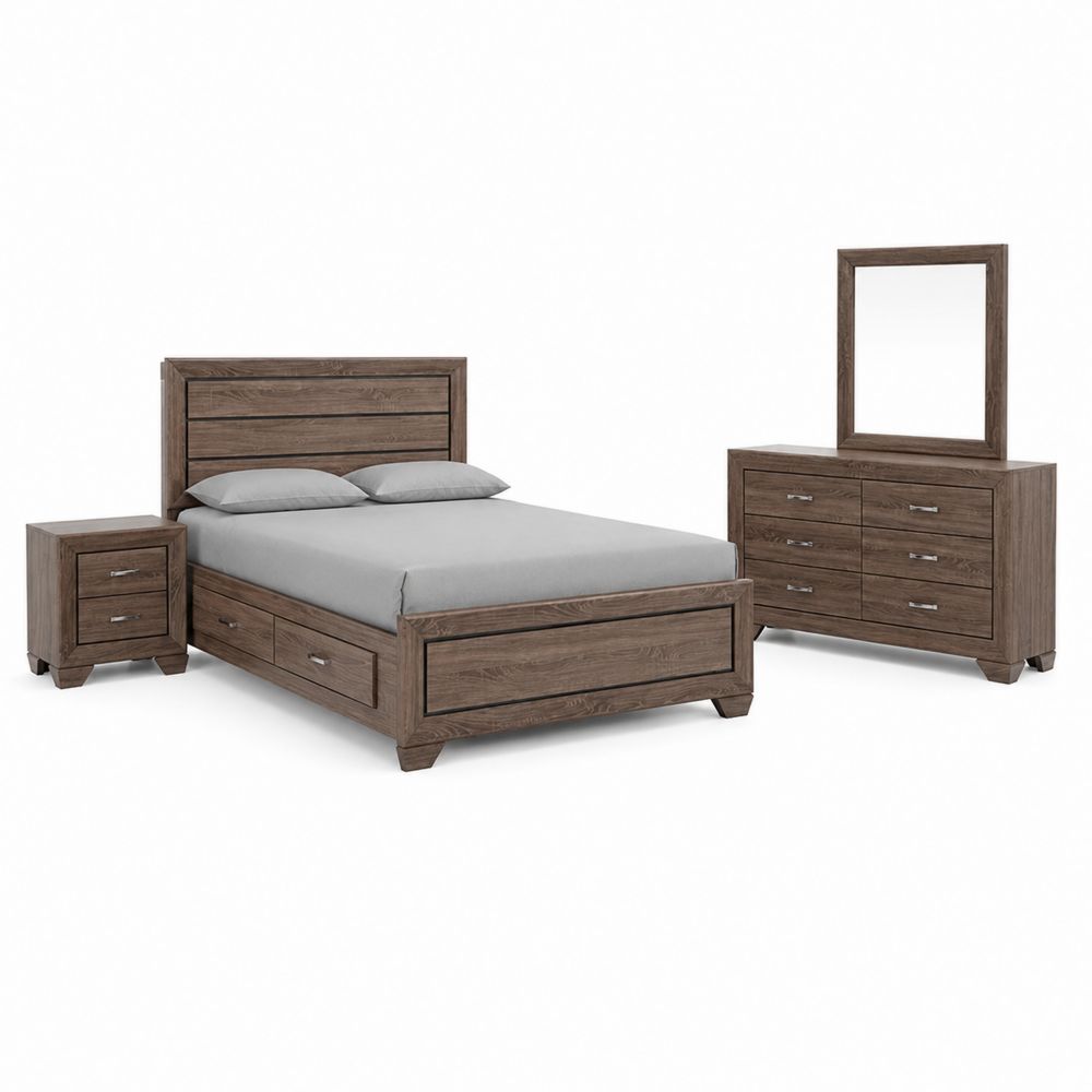 Set da camera da letto in legno con letto, comodino e cassettiera con specchio-Casmiron