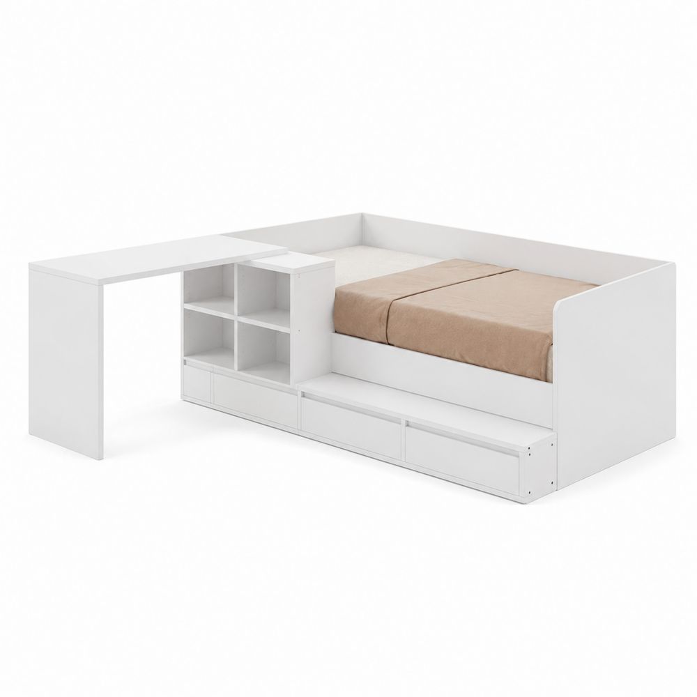 Letto Angolare in Legno con Scrivania Bianco-Casmiron