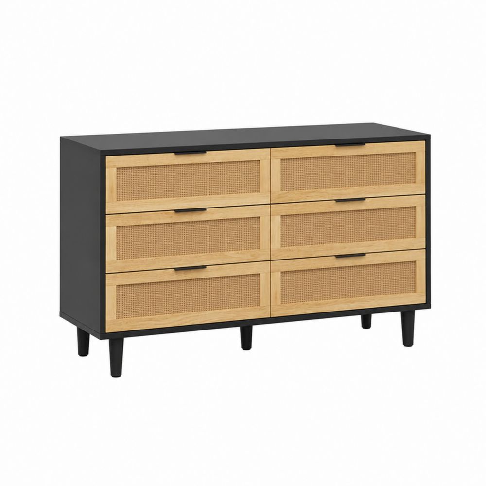 Credenza a sei cassetti in legno e rattan-Casmiron