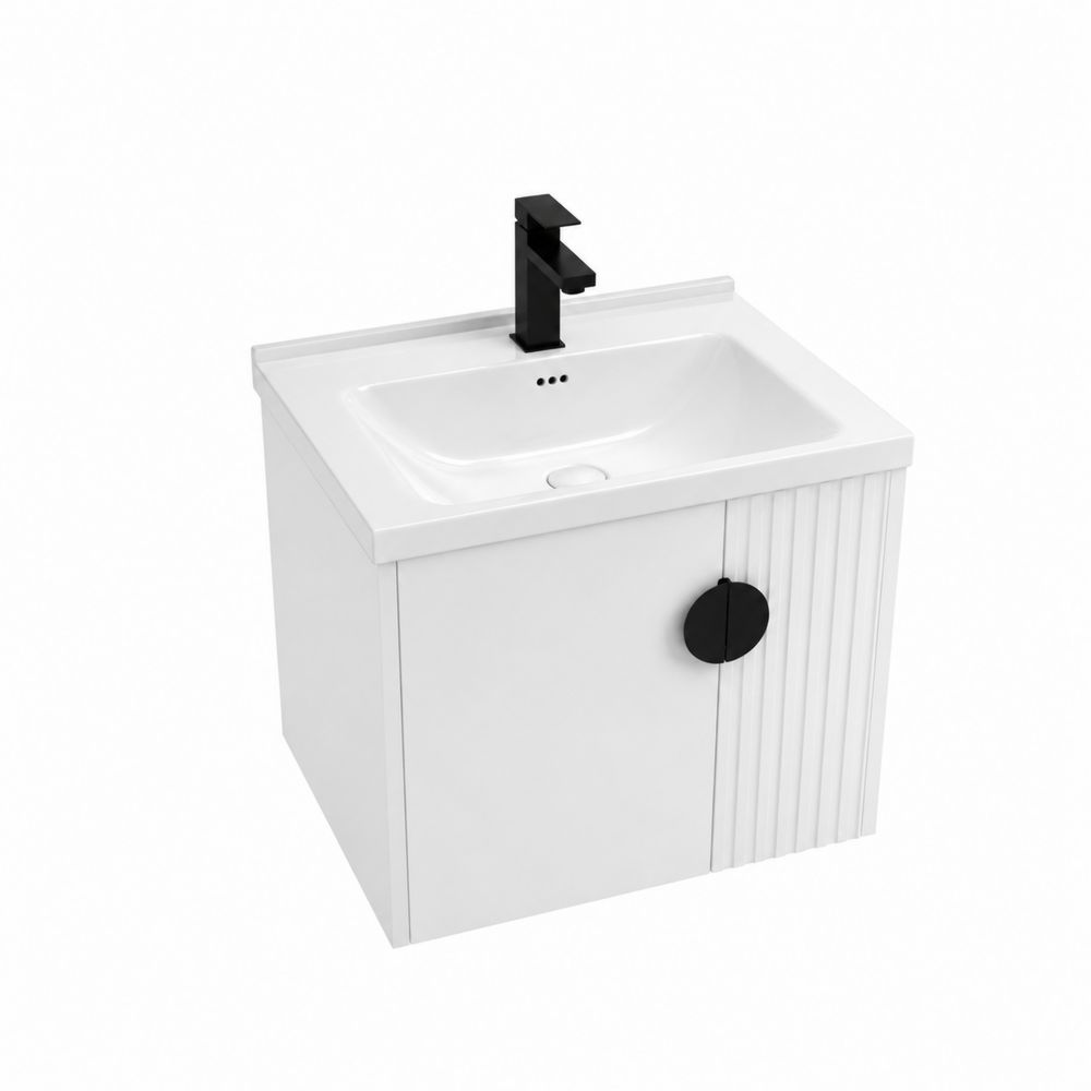 Mobile lavabo sospeso in MDF bianco con rubinetto nero-Casmiron