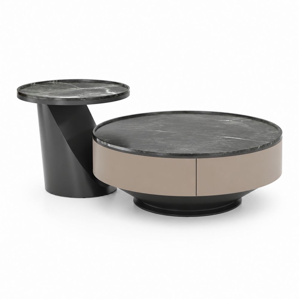 Tavolino in metallo e marmo grigio e beige, set di 2 pezzi-Casmiron