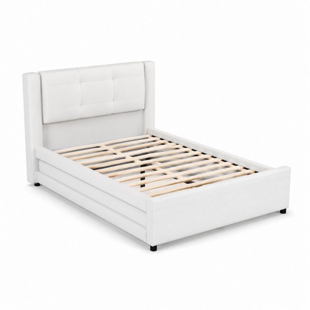 Letto matrimoniale in legno con rivestimento in tessuto bianco 160x200 cm-Casmiron