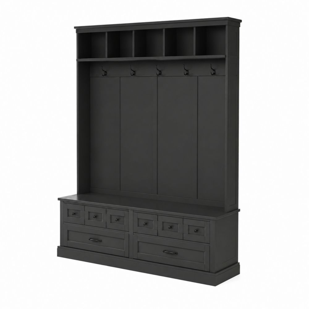 Appendiabiti in legno nero con scaffale e cassetti-Casmiron