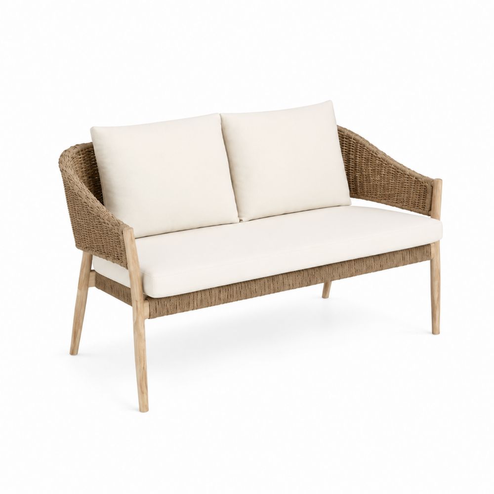 Divano da Esterno in Teak e Rattan con Cuscini in Poliestere-Casmiron