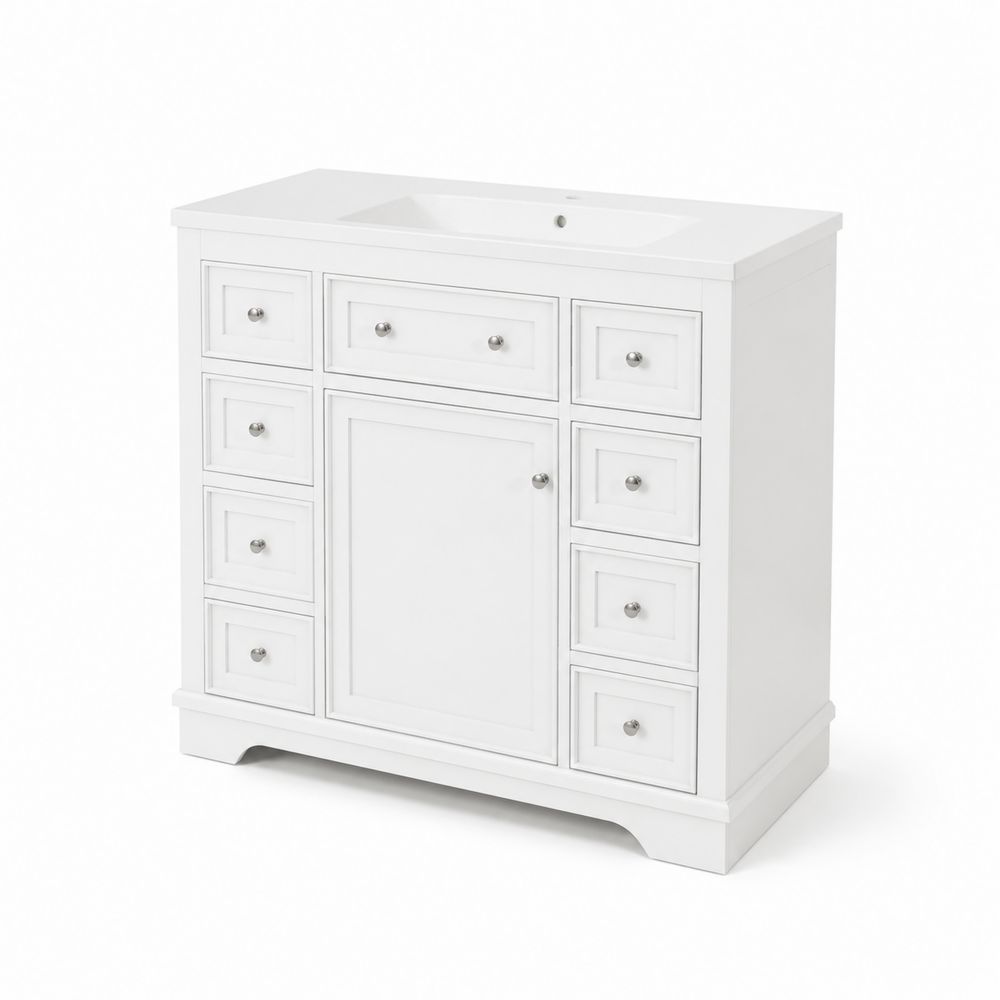 Mobile lavabo singolo in legno bianco con cassetti multipli-Casmiron
