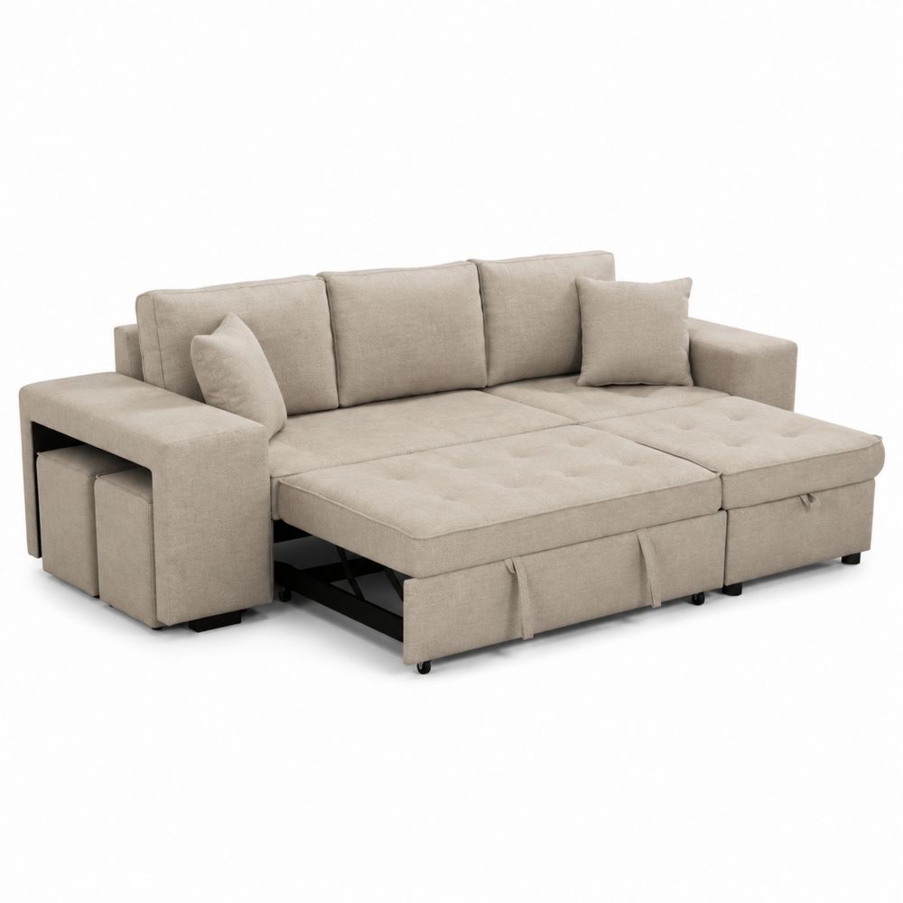 Divano Angolare Modulare in Tessuto Beige con Chaise Longue-Casmiron