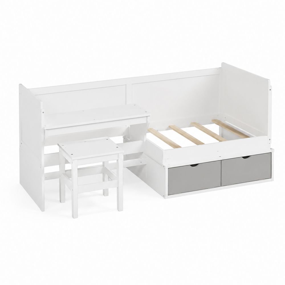Letto per bambini in legno con scrivania e sgabello, Bianco/Grigio-Casmiron