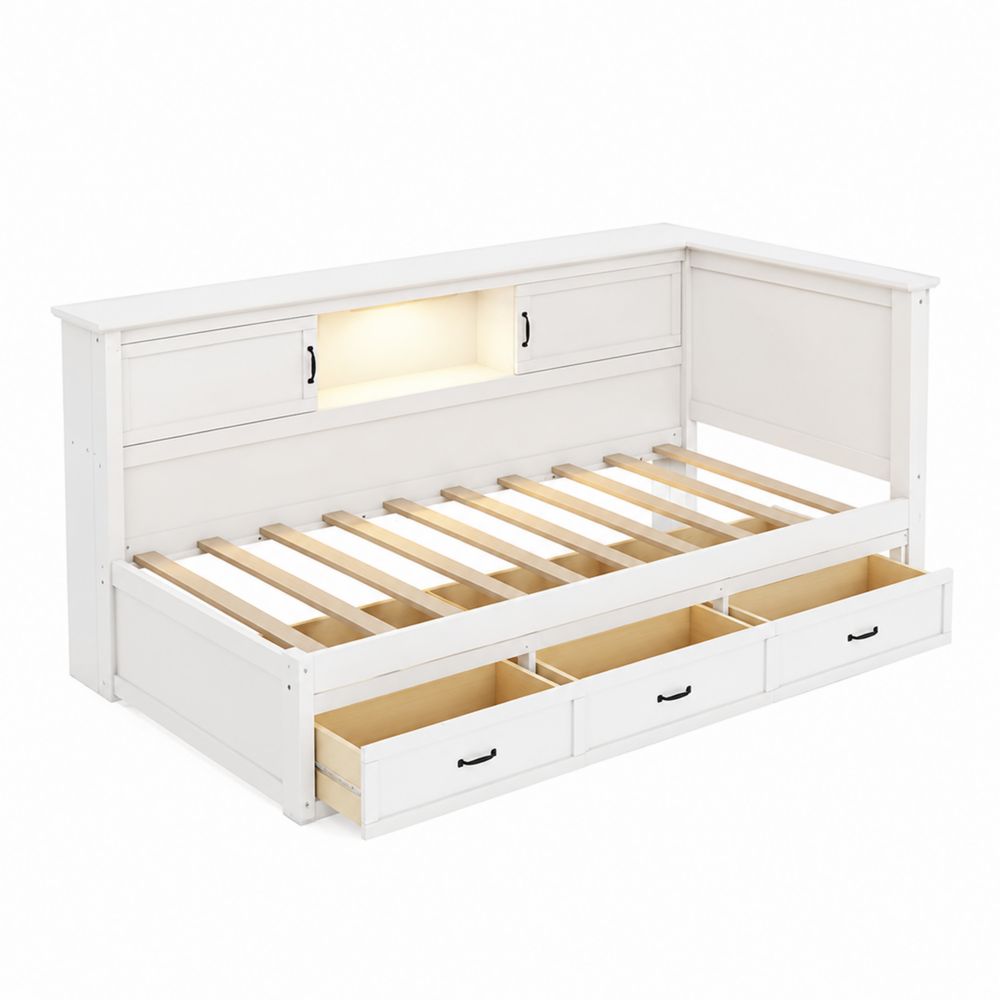Letto Divano con Cassetti e Ripiani Integrati in Legno Bianco-Casmiron
