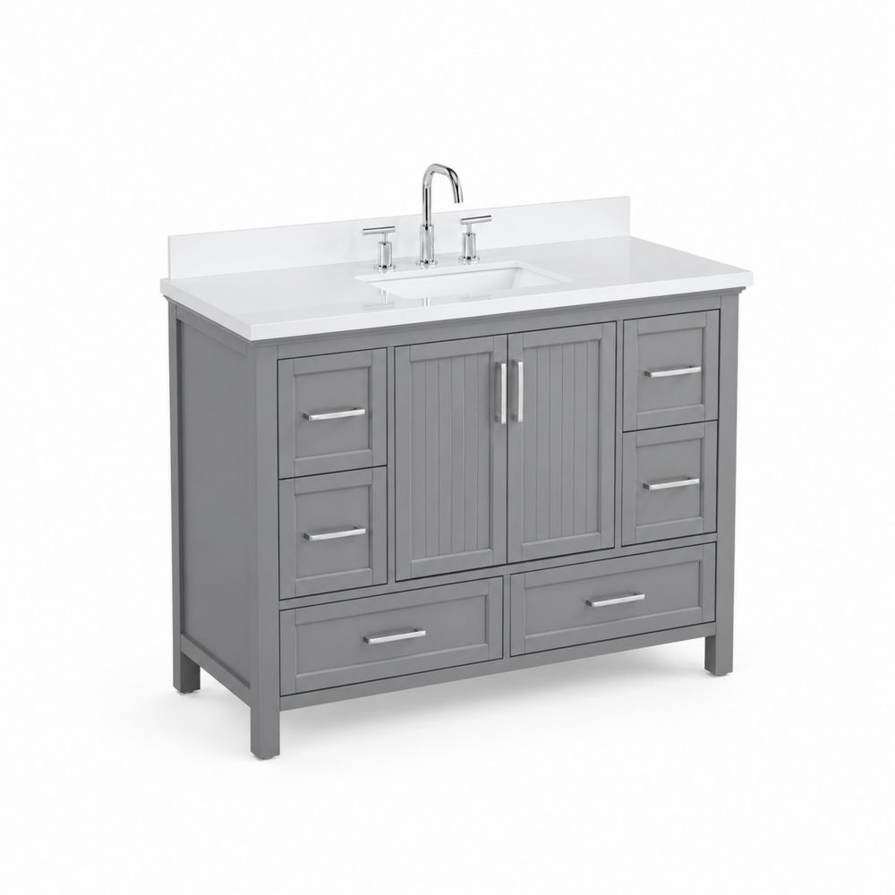 Mobile lavabo in legno massello con lavandino in ceramica grigio-Casmiron