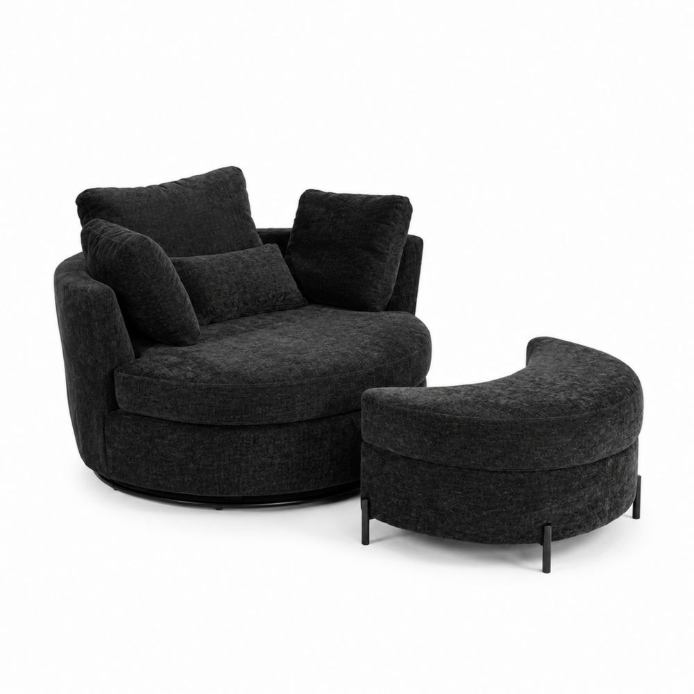 Poltrona Rotonda con Poggiapiedi in Tessuto Nero 120cm-Casmiron