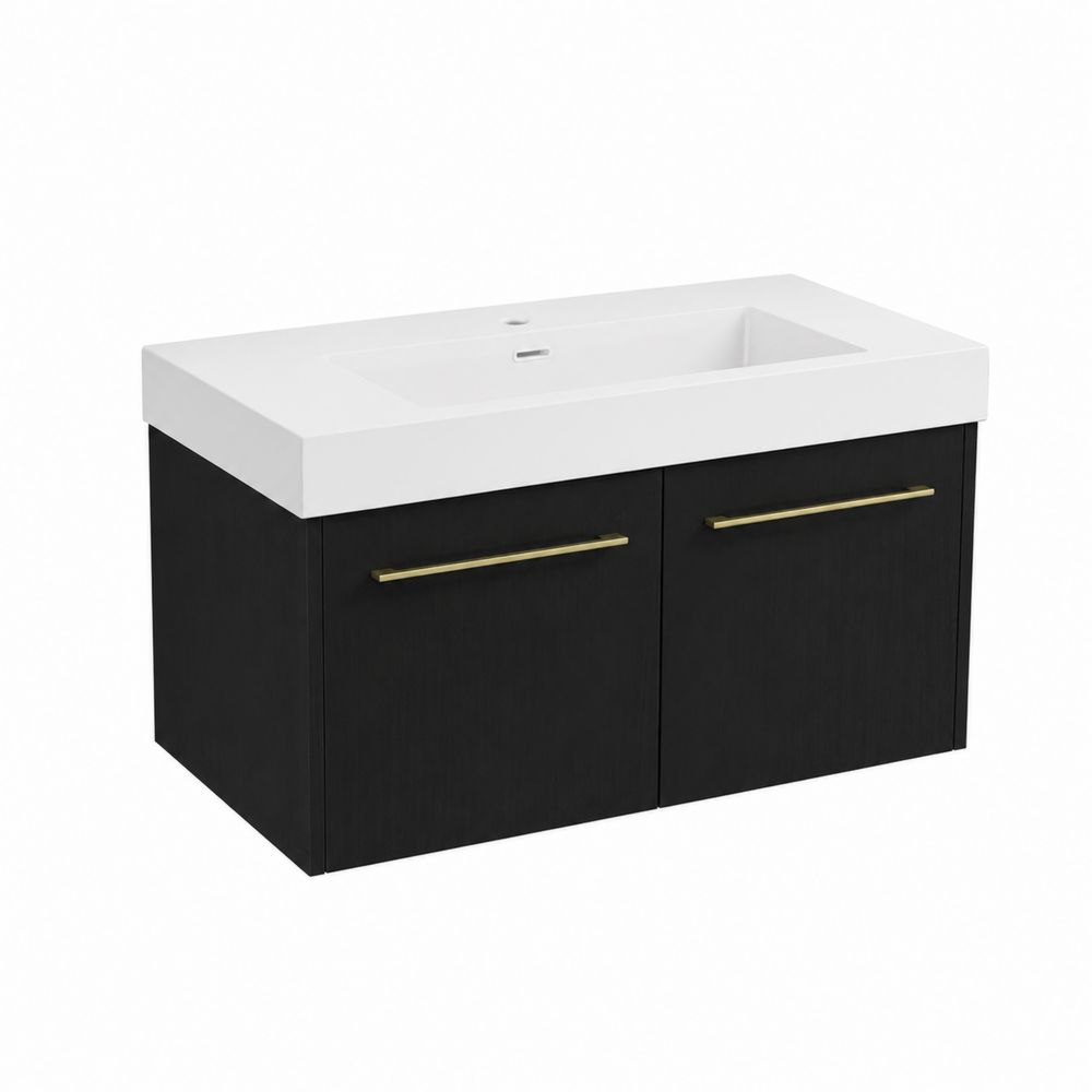 Mobile lavabo singolo in MDF nero con lavabo in ceramica bianco-Casmiron