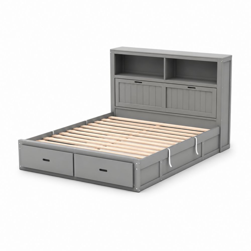 Letto contenitore matrimoniale con testiera libreria in legno di pino Grigio-Casmiron