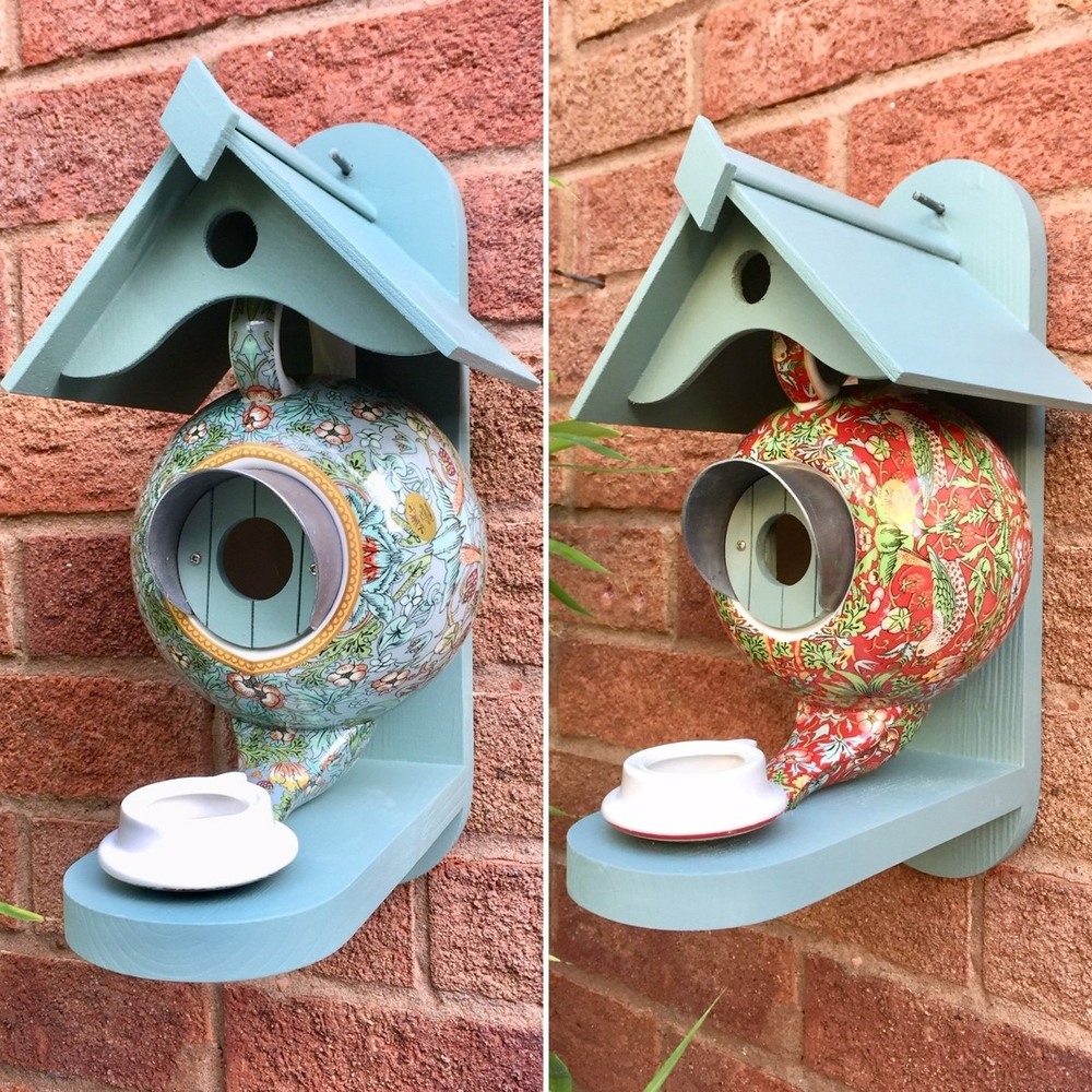 William Morris Teal Teapot Bird House and Feeder