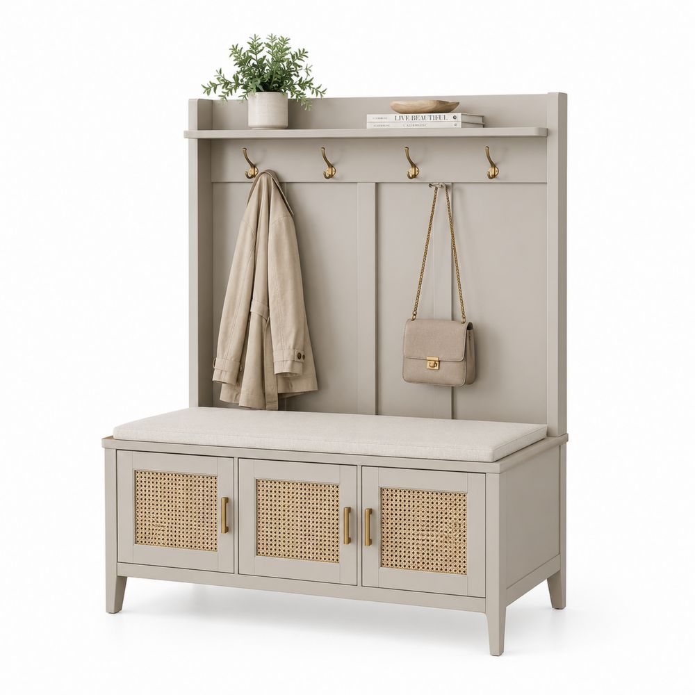 Appendiabiti in Legno e Rattan con Panchina e Scarpiera Beige