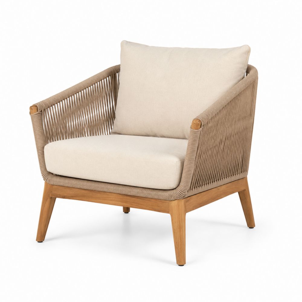 Poltrona da Esterno in Teak e Corda con Cuscini Beige