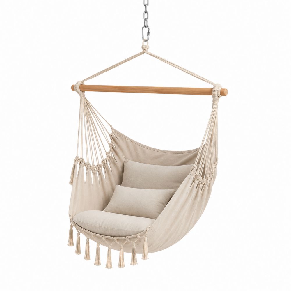 Poltrona Sospesa in Cotone Beige con Struttura in Legno