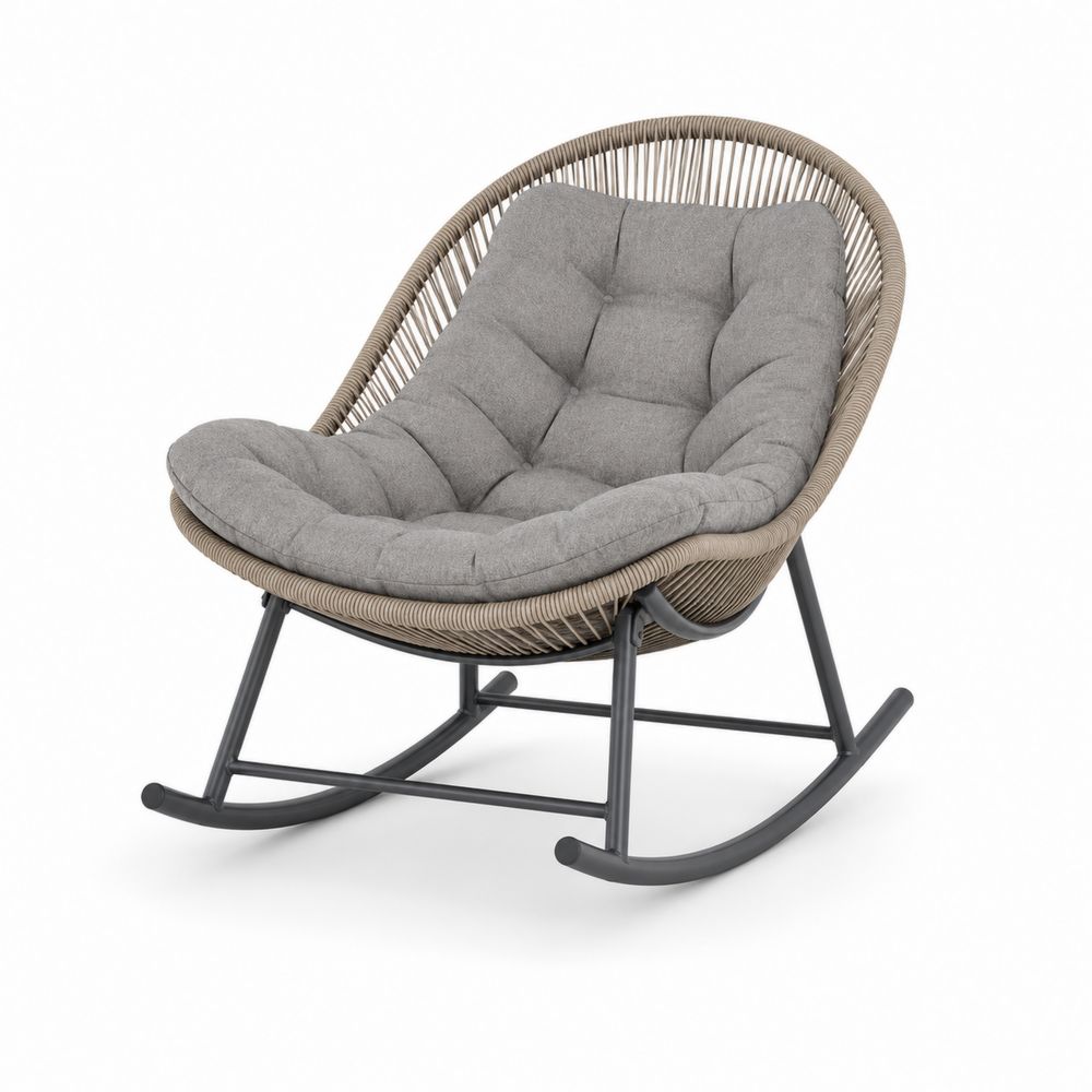 Sedia a dondolo in metallo e rattan con cuscino grigio