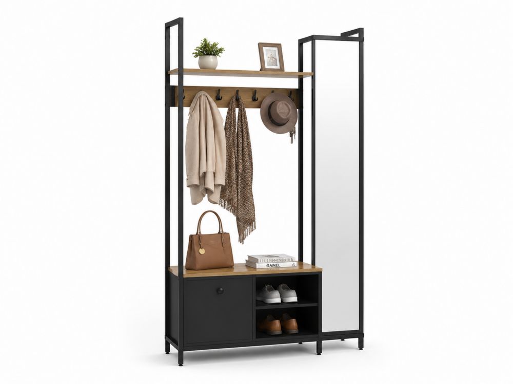 Appendiabiti con Specchio e Scaffale in Metallo e Legno 180x100x40 cm