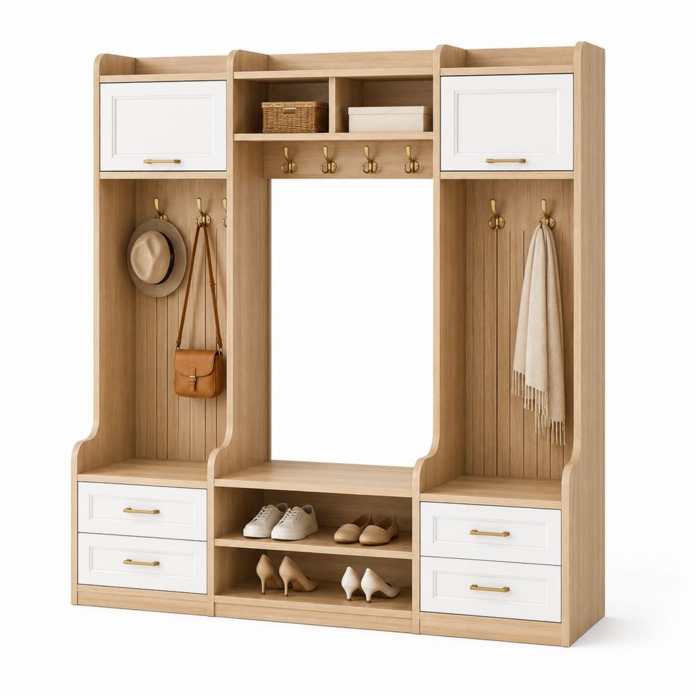 Credenza Ingresso in Legno di Rovere e MDF Verniciato, 180x200x30 cm, Rovere Chiaro e Bianco