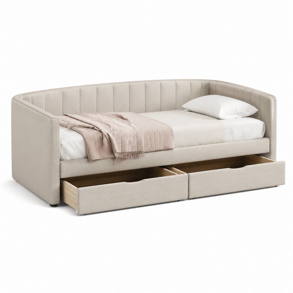 Divano Letto Singolo con Cassetti in Tessuto Beige