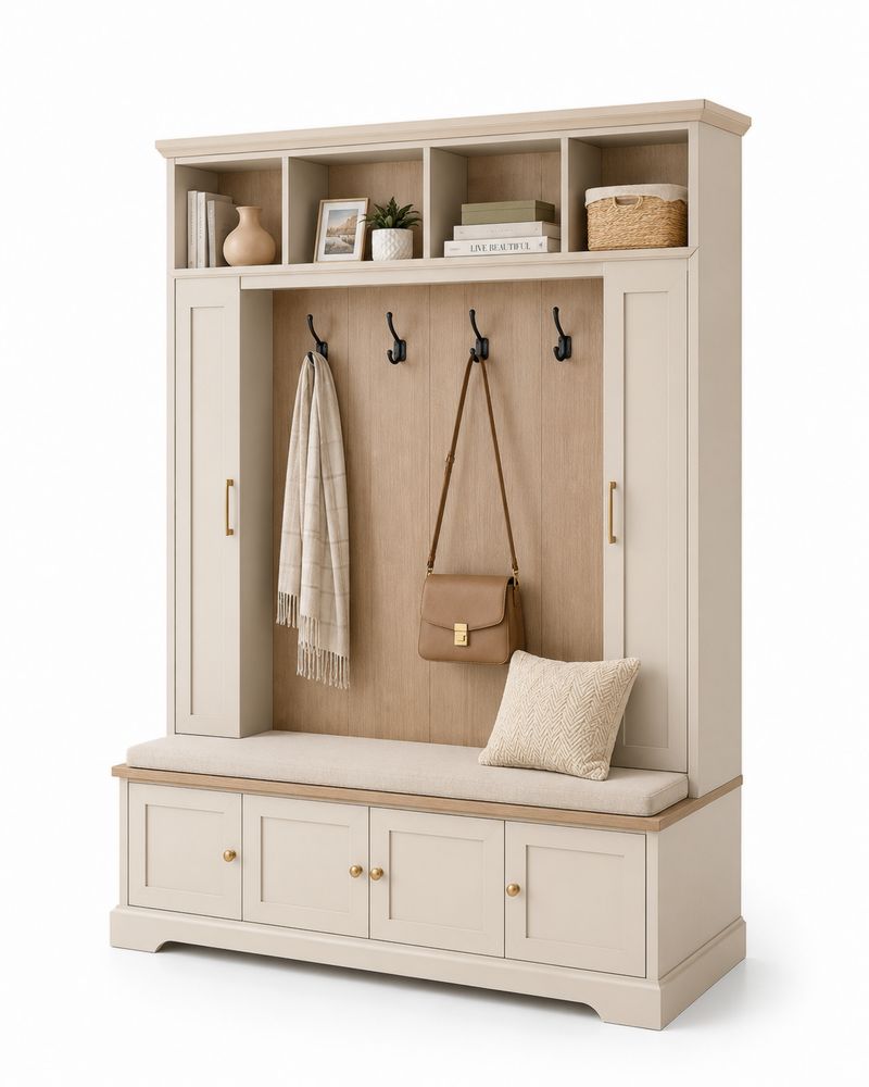 Mobile Ingresso in Legno MDF con Ganci e Panchina 200x150x40 cm Bianco e Beige
