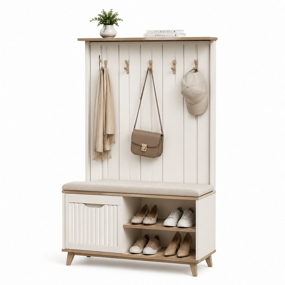 Appendiabiti con Panca Imbottita e Scarpiera in MDF Bianco e Legno di Pino 100x40x180 cm