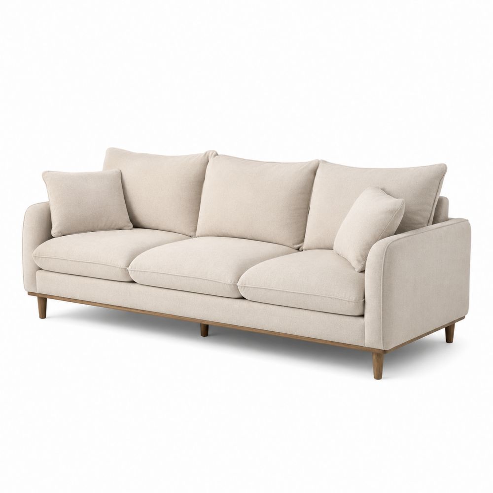 Divano a Tre Posti in Tessuto con Gambe in Legno Beige