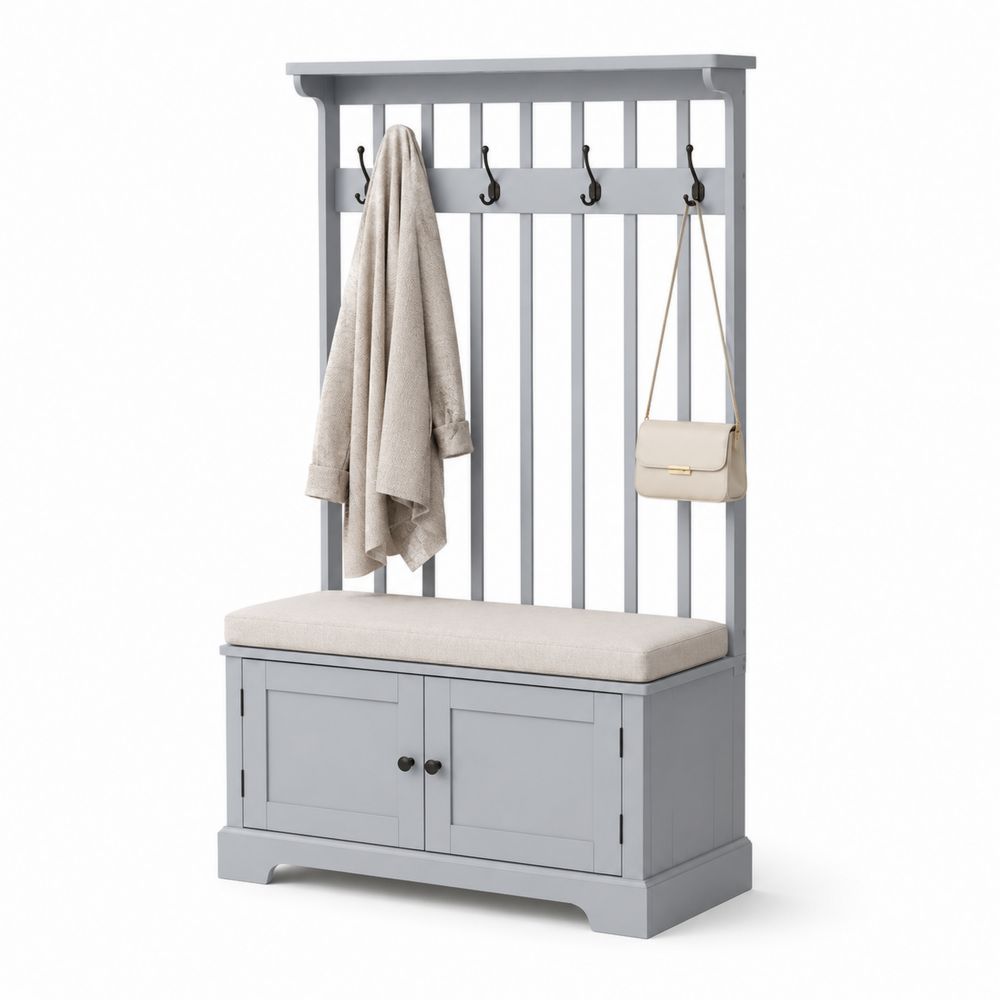 Panca Attaccapanni con Cuscino in Legno MDF Grigio