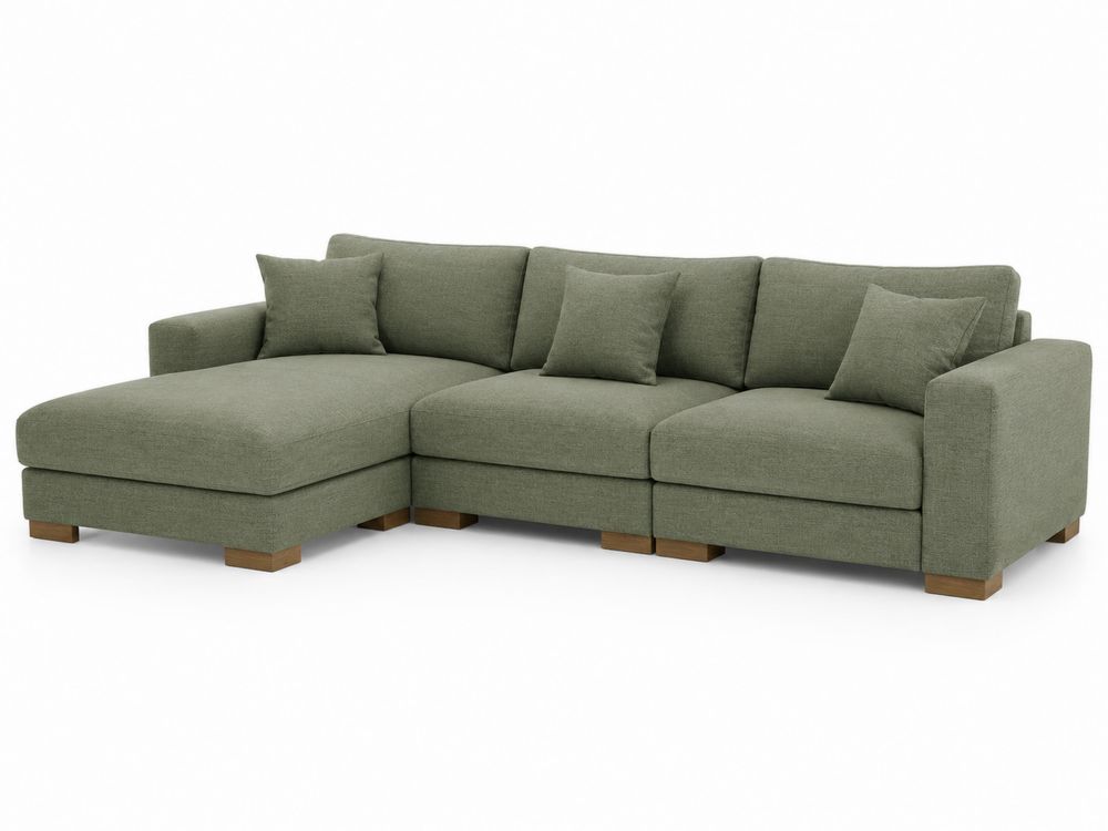 Divano angolare in legno e tessuto verde con chaise longue