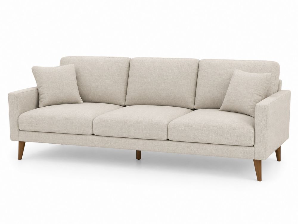 Divano 3 posti in tessuto poliestere beige con struttura in legno
