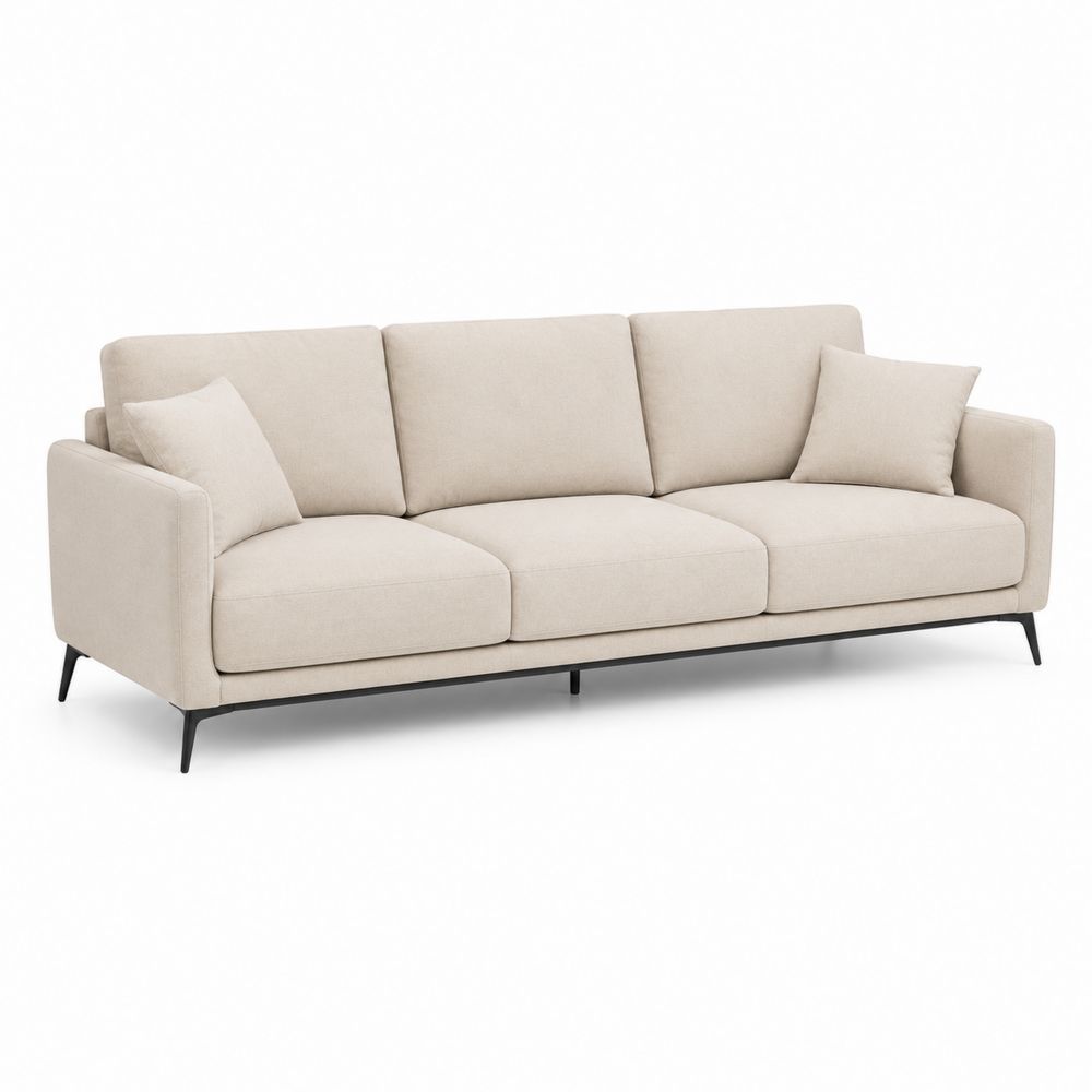 Divano 3 posti in tessuto beige con cuscini