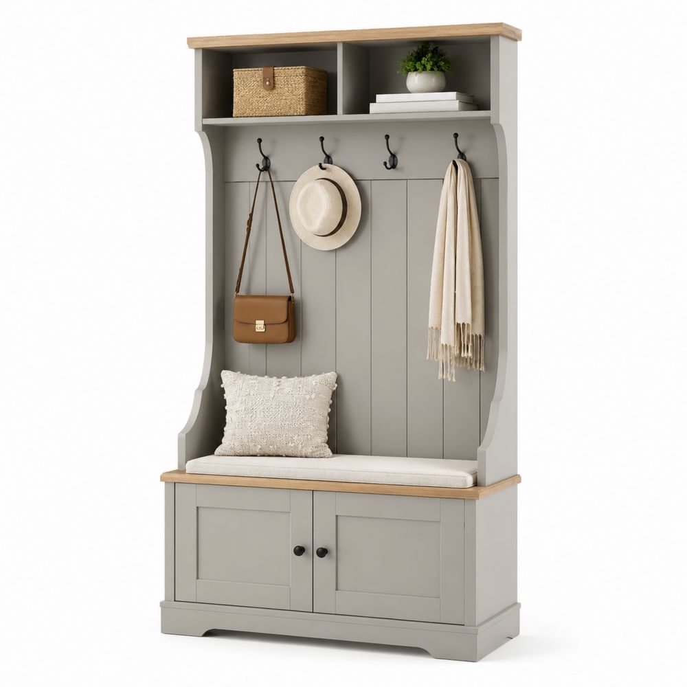 Panca ingresso legno e MDF con ganci 190x90x40 cm Grigio/Legno naturale