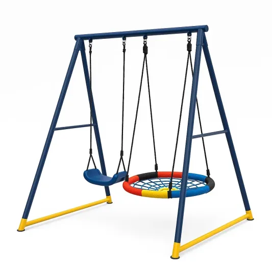 Stahl-Kinderschaukel mit Nestschaukel und Kunststoffsitz Blau/Gelb-domfetra