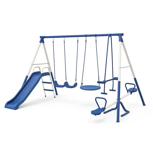 Kinder Spielset mit Schaukel, Rutsche und Wippe aus Stahl und Kunststoff Blau-domfetra