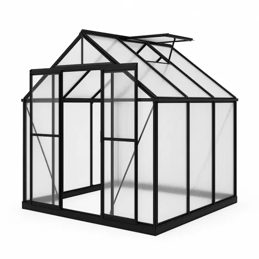 Gewächshaus Aluminium Polycarbonat Schwarz mit Schiebetür-domfetra